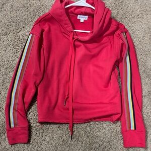 Evereve Red Hoodie with Colorful Sleeve Stripes